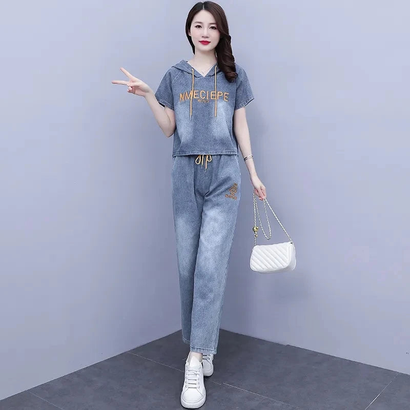 Summer Thin Jeans Set Women Fashion Short Sleeve Hooded Pullover Tops + Elastic Waist Wide Leg Pants 2PCS Female Denim Outfit