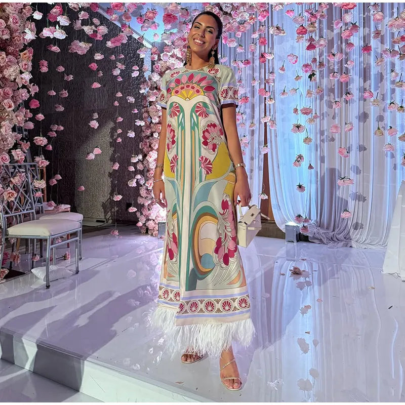 Printed Women's Dress Half Sleeve Round Neck Long Dress Tassel Hem Dress Daily Fashion Outfit Suitable for Date Party 2026