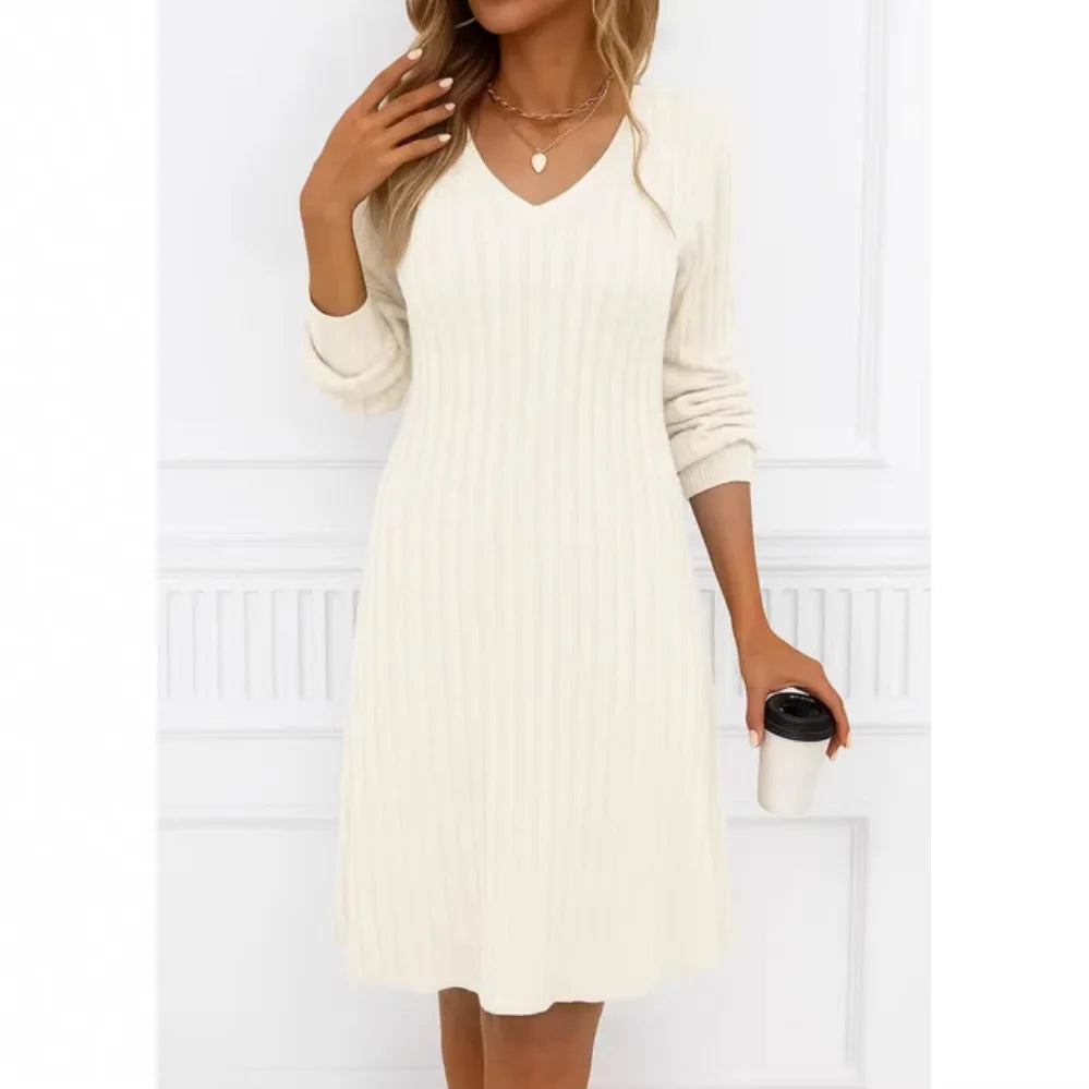 Spring 2026 Commuter Style Fleece Dress High Waist Slim Fit Midi Skirt Women's V-neck Long Sleeve Polyester Knitted Dress
