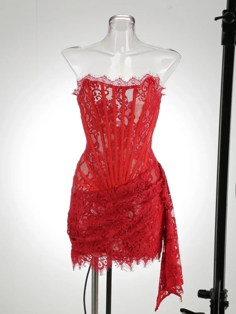 Women's Sexy Lace Dress Solid Color Sheer Patchwork High Waist Lace Dress Elegant Printed Strapless Slim Evening Dress