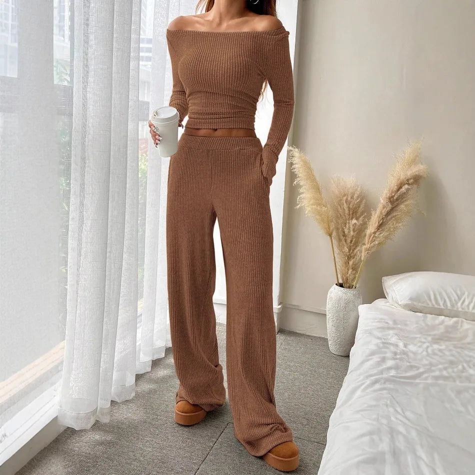 Solid Color Casual Loose Pants Sets for Women Elegant Women's Two Pieces Suit Full Trouser Set Female Outfit Clothes   Homewear