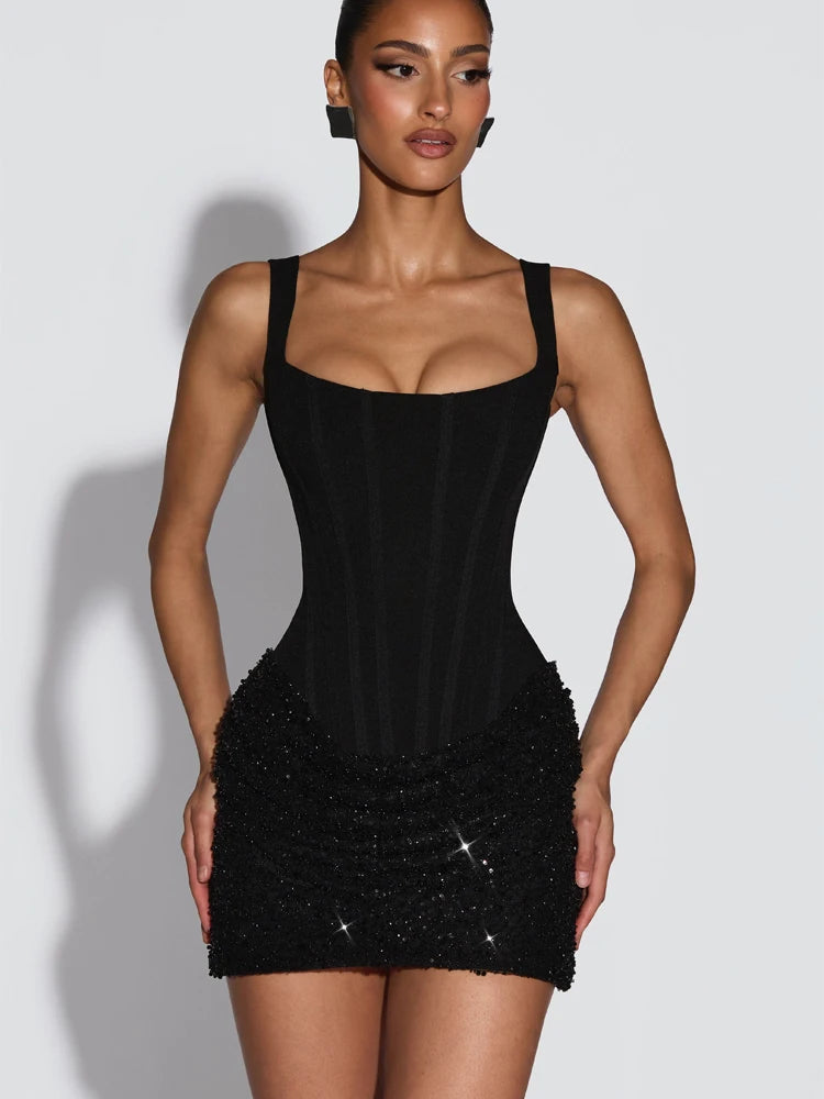 Sexy Women Pleated Bodycon Dress Sequin Backless Slim Spaghetti Strap Mini Summer Dresses 2026 Evening Nightclub Party Gown