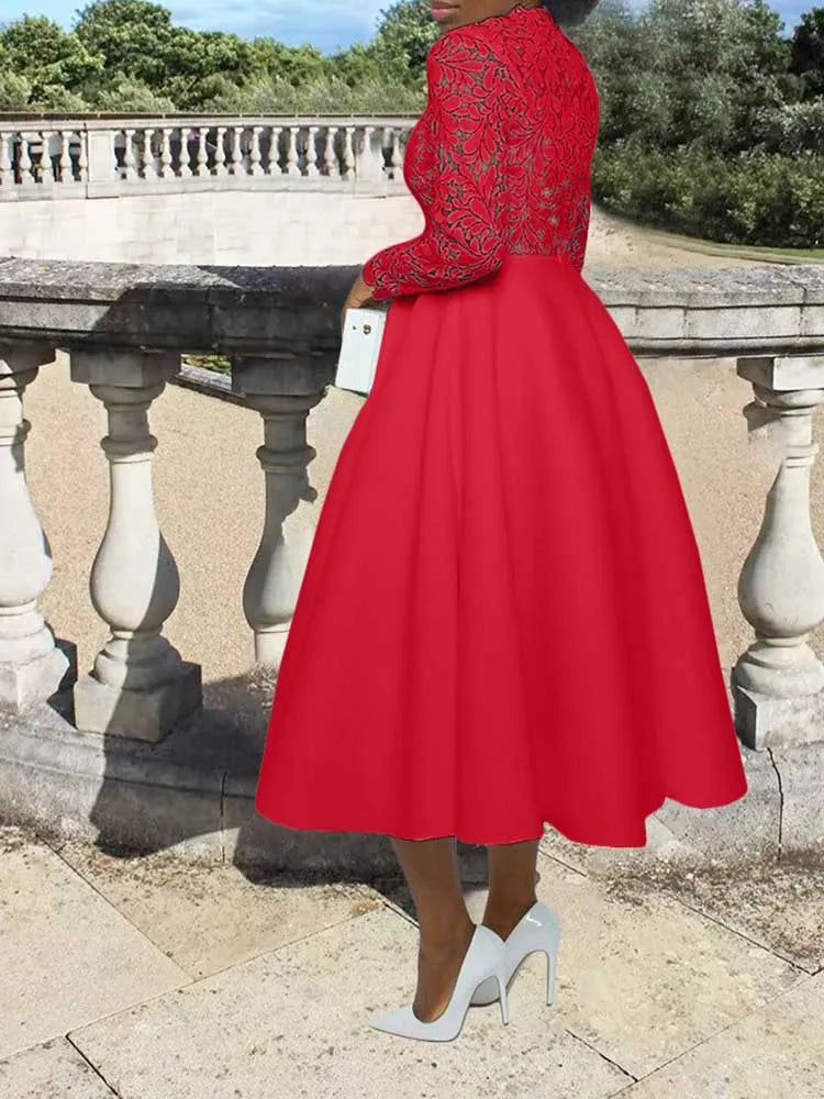 Elegant Party Dresses Woman Fall Fashion Lace Long Sleeve See Through Dress Vintage Laides Evening Dress Wholesale Dropshipping