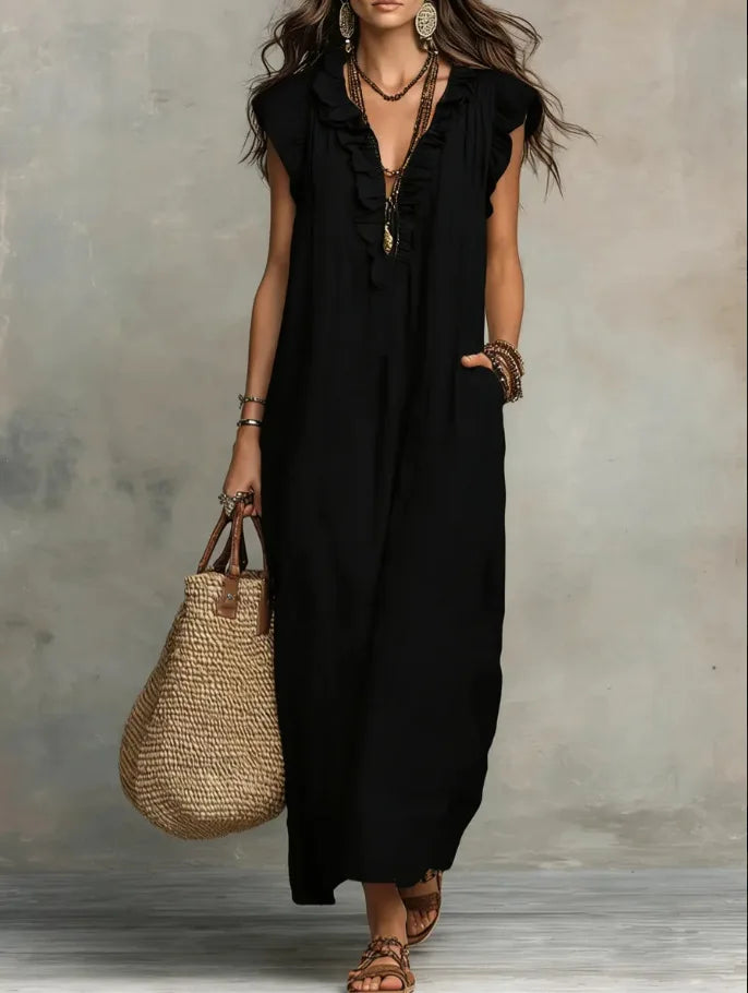 Women Spring Summer Boho Flutter Sleeve Floor Length Maxi Dress Elegant Beach Long Dress