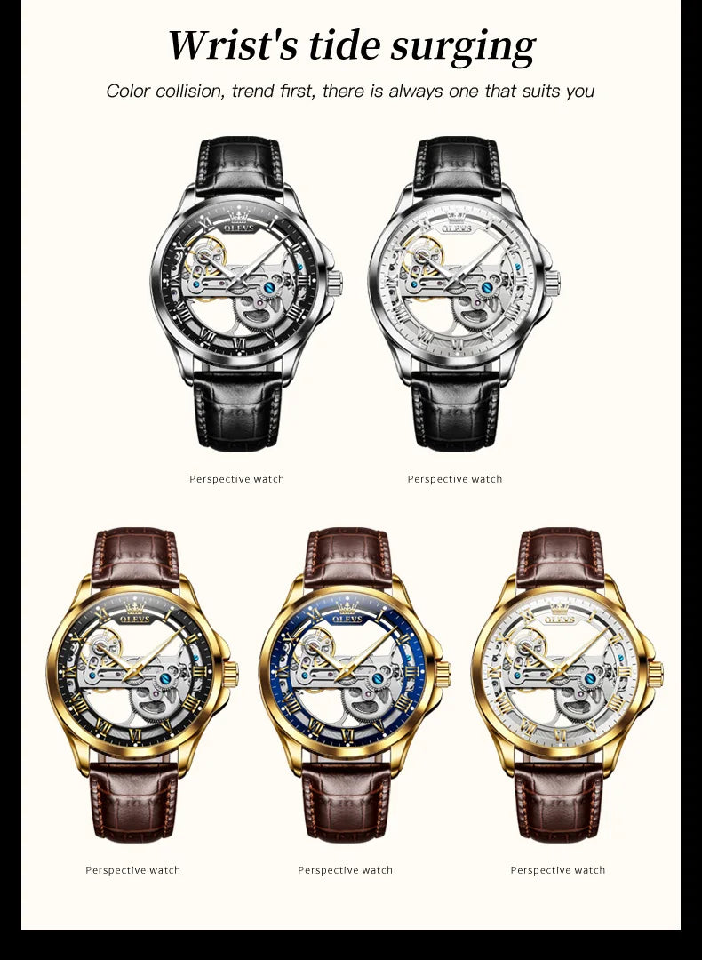 OLEVS Couple Watches Original Fully Transparent Skeleton Automatic Mechanical Watches For Men Women Lover's Gift Luxury Watches