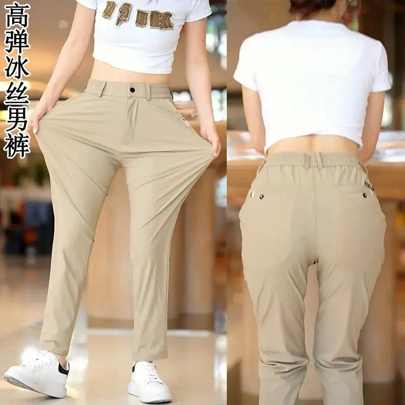 High Elasticity Ice Silk Casual Pants Men's Summer Thin Style Quick Dry Fashion Business Straight Leg Pants