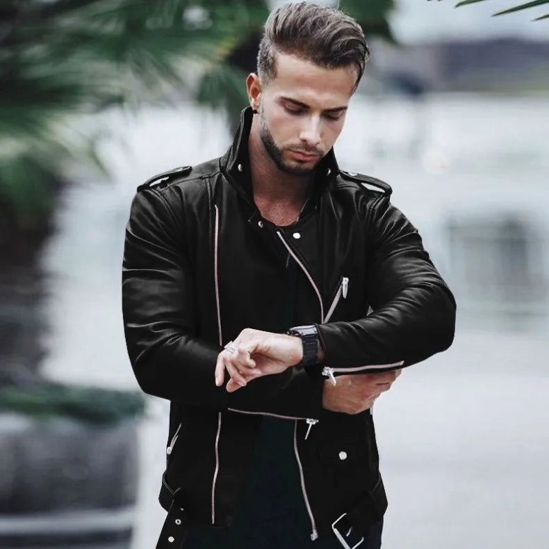 Fashion Leather Jackets Men Casual Slim Fit Turn Down Collar Male Jacket Men PU Leather Coat Men Autumn Winter Motorcycle Jacket