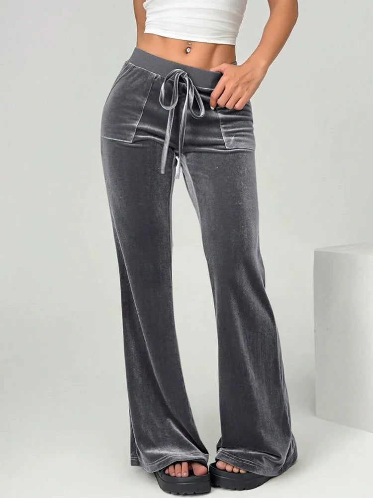 2026 Women's Velvet Trousers Fashion Velvet Solid Color High-Waisted Drawstring Pocket Flared Pant Autumn Winter Casual Pants