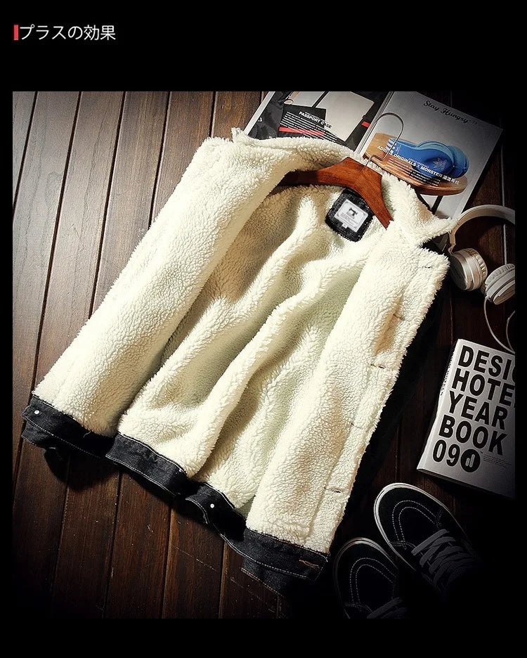 Autumn Winter Fleece Denim Jacket Men's Slim Thick Sherpa Casual Outerwear