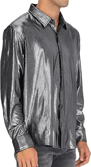 Metallic Shiny Polyester Dress Shirts for Men Black Solid Gold Red Silver Long Sleeve Turn Down Collar Prom Disco Men's Shirt
