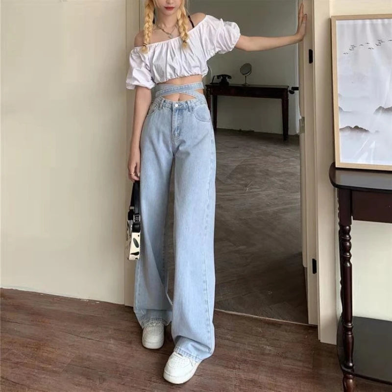 Women's High Waist Baggy Jeans Korean Trendy Loose Wide Leg Denim Pants with Ankle Ties Flowy Floor Length Streetwear