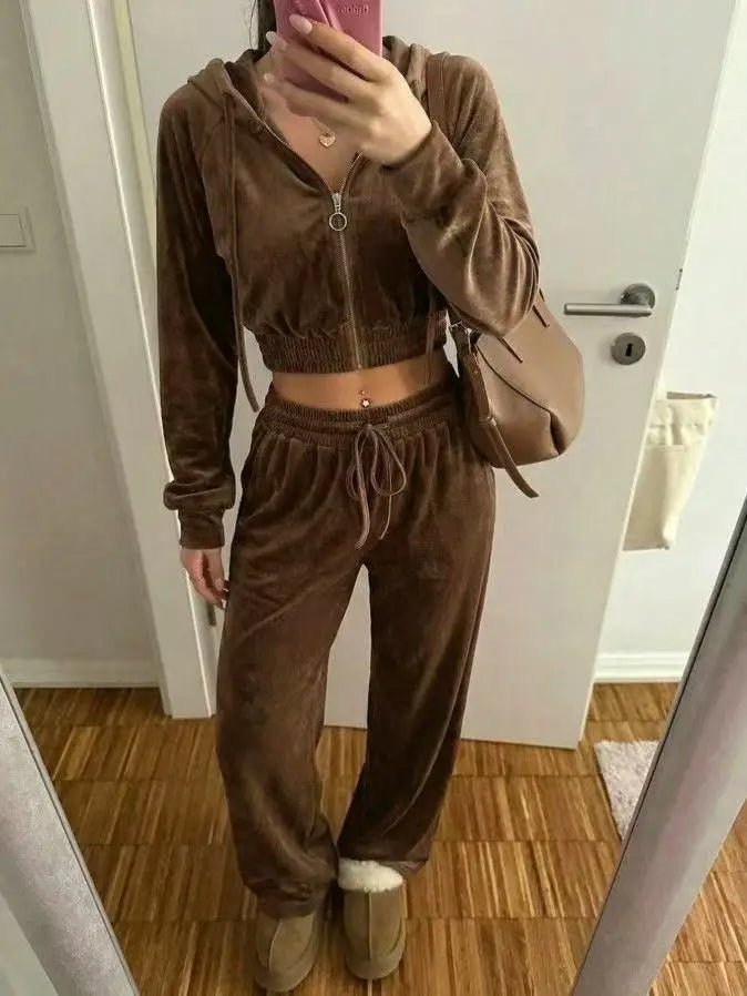 Women's Pink Velvet 2-Piece Activewear Set Zip Cropped Hoodie + Wide Leg Pants Fashionable Casual Waist Slimming Versatile Style