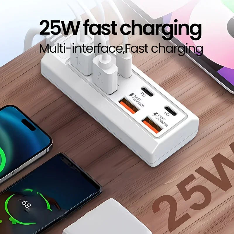 8-in-1 USB Charger Socket Multi Port Fast Charging Station USB C PD 25W Power Adapter Desktop Charging Hub for PhoneLaptopTablet