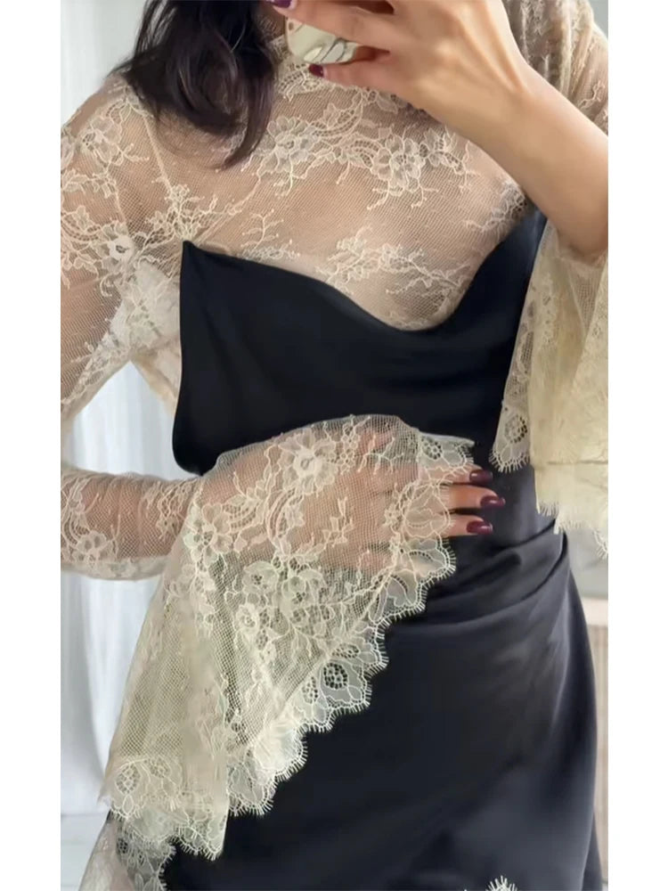 Elegant Sexy Lace Patchwork Mini Dress Women Full Flared Sleeve Waist Cinching See Through Short Dresses Lady Club Party Gowns