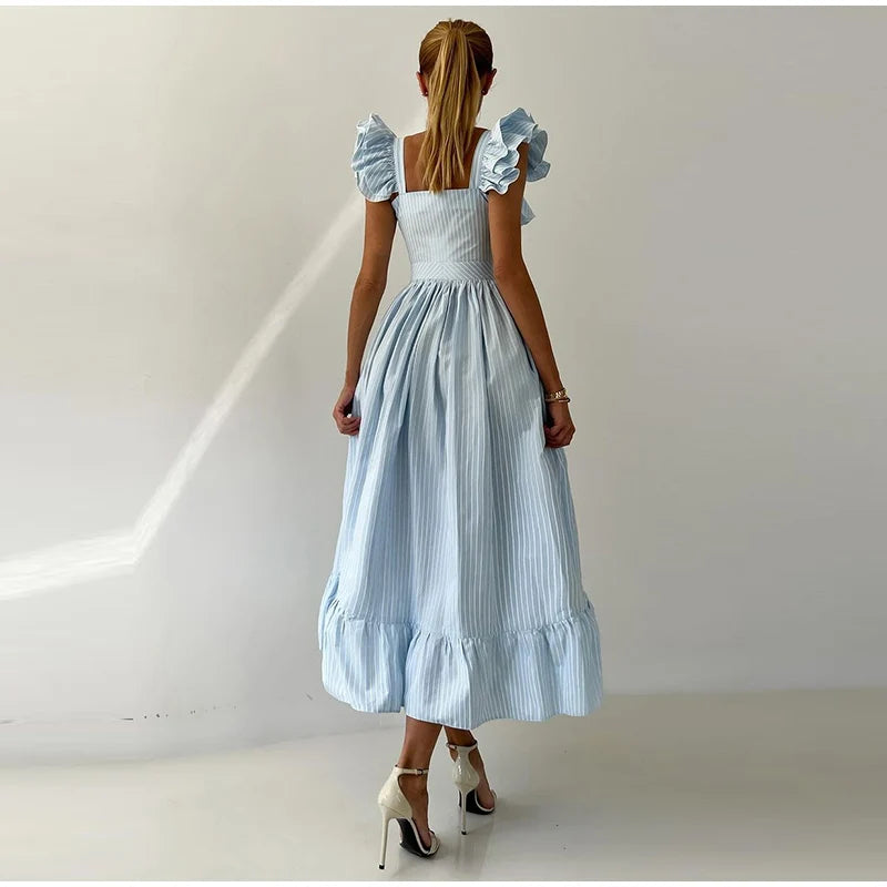 Fashionable Striped Ruffle Pleated Women's Dress Elegant Solid Square Neck Single Button Dresses Female Summer Chic Casual