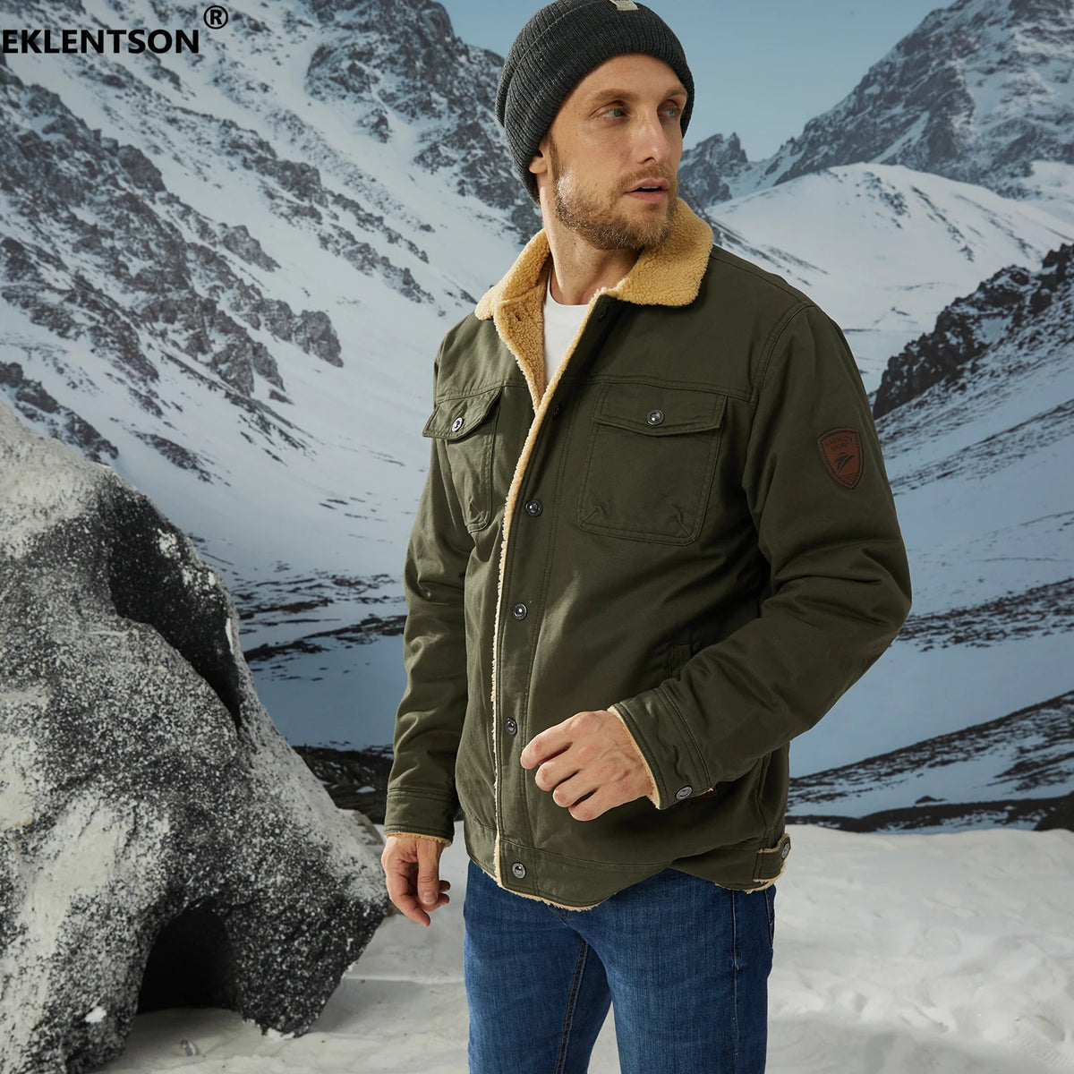 EKLENTSON Winter Fleece Hiking Jackets Men Thermal Windproof Coat Outdoor Thick Warm Cotton Cargo Work Jacket Travel Outerwear