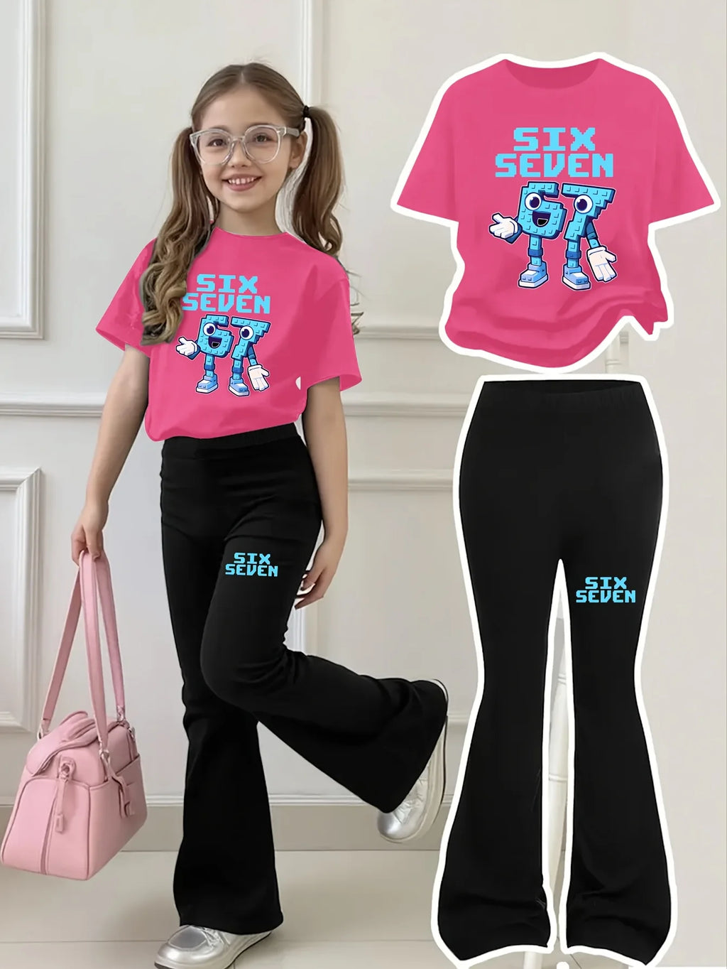 Trendy Building Block Style Cartoon Short-Sleeve Flared Pants Set for Girls Aged 4-12, Short-Sleeve Top + Long Pants, Blue Building Block Texture, “67” Cartoon Print Clothing, 2026 New Model