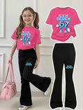 Trendy Building Block Style Cartoon Short-Sleeve Flared Pants Set for Girls Aged 4-12, Short-Sleeve Top + Long Pants, Blue Building Block Texture, “67” Cartoon Print Clothing, 2026 New Model