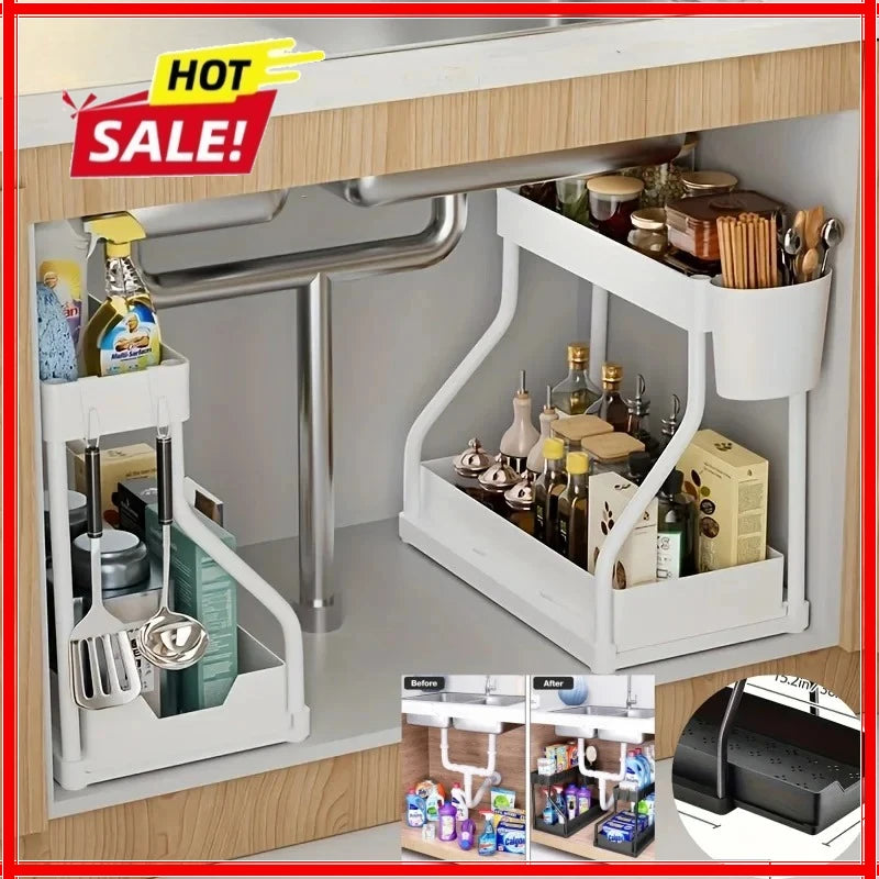 Space Saving 2 Tier Under Sink Organizer,Pull Out Storage Box Durable Large Capacity Kitchen Bathroom Essential Drawer Organizer