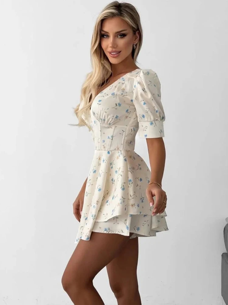 Satin Printed Mini Dress Women Elegant V Neck Puff Short Sleeve Waist-cinching A-line Dresses 2026 Summer Lady Party Robes