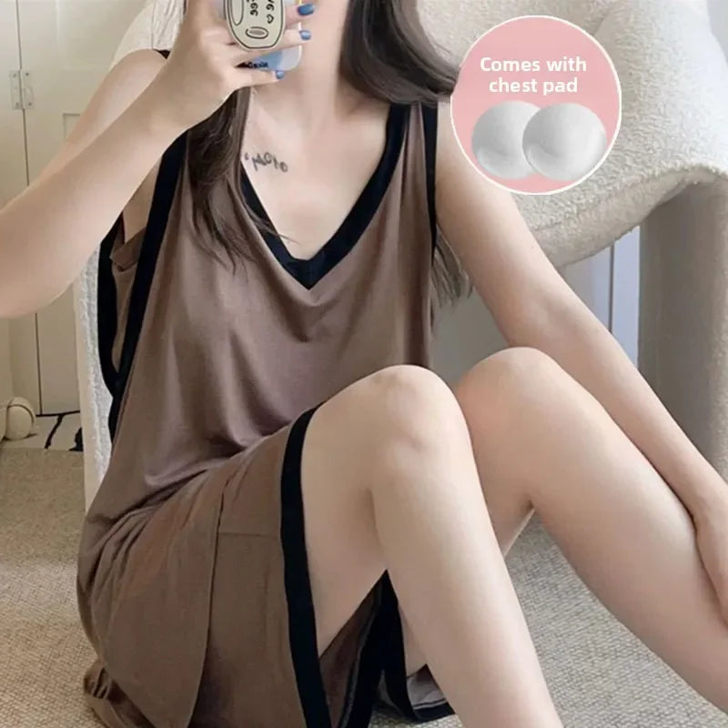 Women Sleeveless Summer Casual 2/pce Set Girls Spaghetti Strap Vest Shorts Outfit Lady Color Blocked Bra Pad Fashion Loungewear