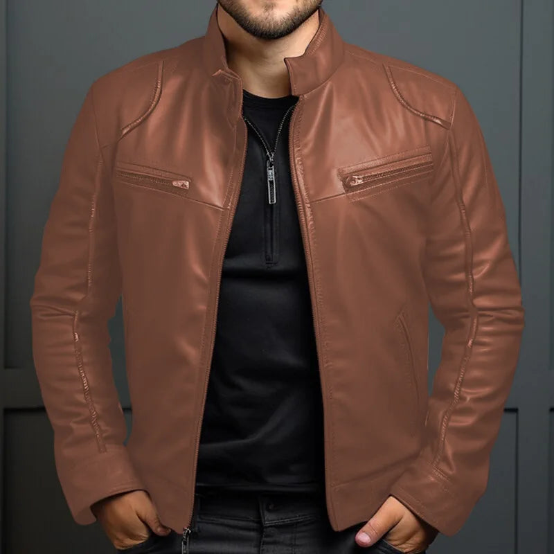 Asian Size Men's Motorcycle Leather Jacket Stand Collar Punk Biker Jacket Men's Casual Slim Fit PU Leather Coat Riding Jacket