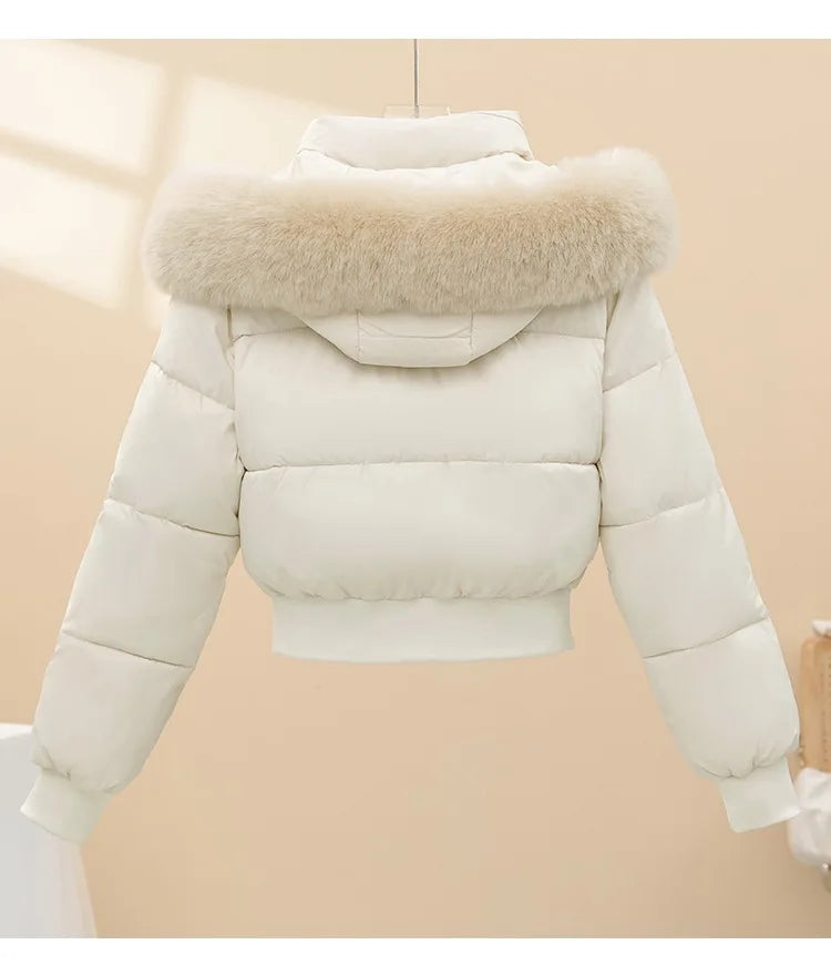 Winter Casual Versatile Cotton-Padded Jacket with Fur Collar Short Hooded Warm Coat New Style Women's Outdoor Puffer Jacket