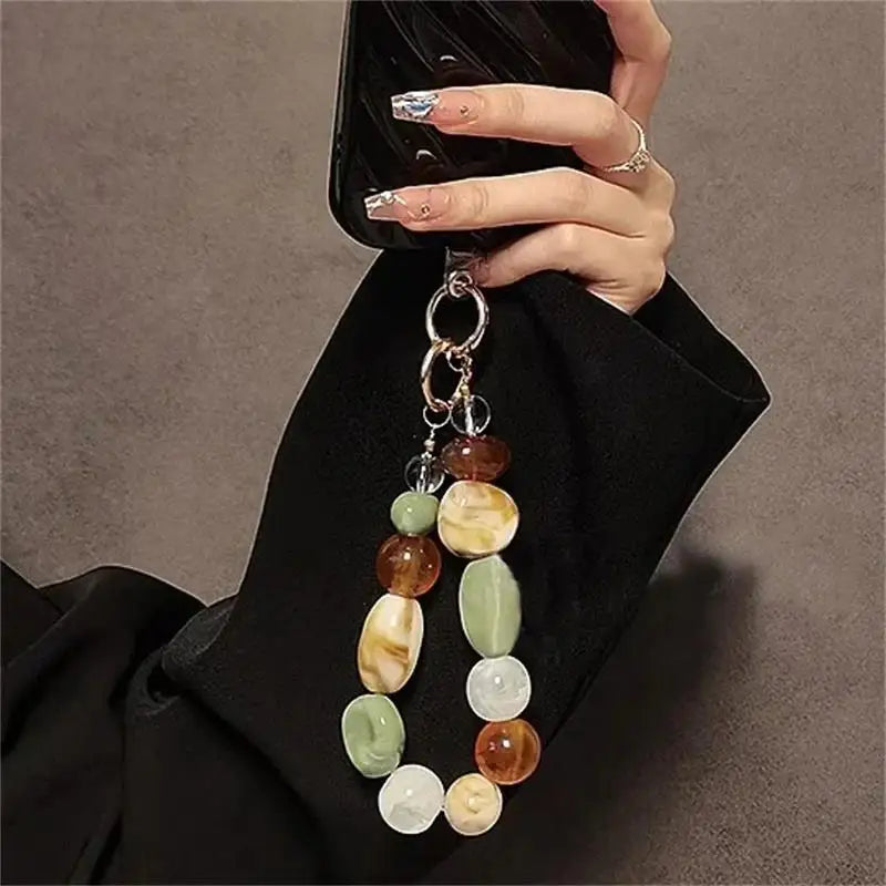 Small Fresh Mixed Color Grid Irregular Stone Mobile Phone Wrist Chain Phone Case Lanyard Creative XYu Keychain Hanging Universal