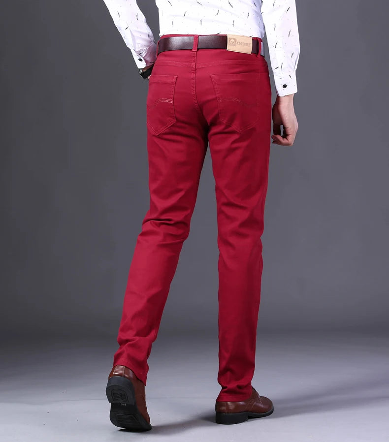 2026 New  Spring Autumn Wine Red Jeans Men Fashion Casual Classic Style Business Straight Fit Soft Trousers Male Advanced Pants