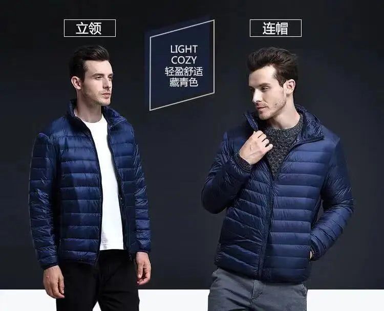 Down Cotton Coat Man 2025 Light Feathered Cotton Jacket Winter Slim Hooded Stand-Up Collar Solid Color Warm Clothing