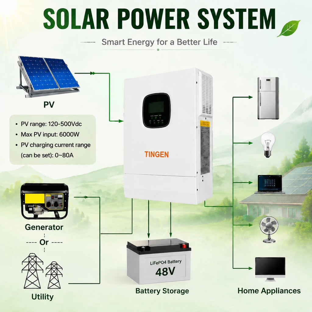 5KW Hybrid Solar Inverter 48VDC to 110VAC with 80A MPPT Controller 120-500V PV Input Pure Sine Wave Inverter for Home Solar System