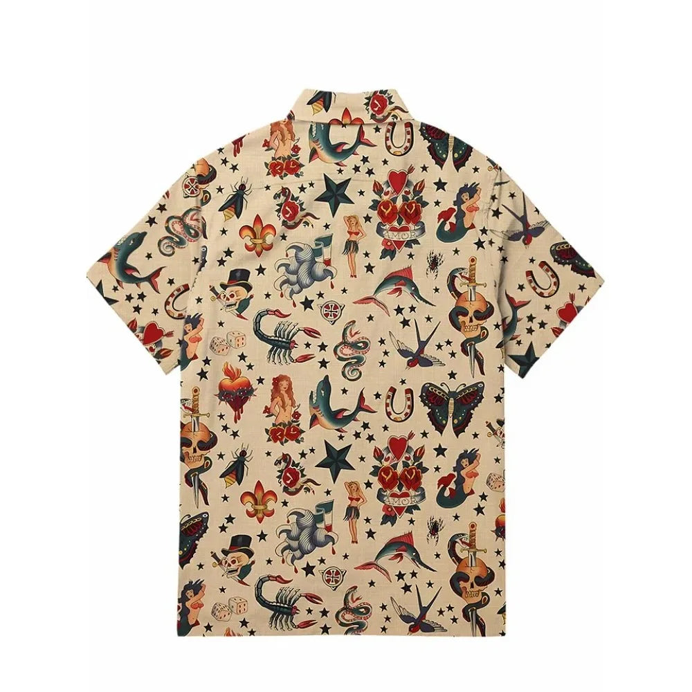 Retro Tattoo Ocean 100% Cotton Shirt Punk Men's Hawaiian Shirt Summer Short Sleeve Button Down Casual Shirt Tropical Pocket Tops