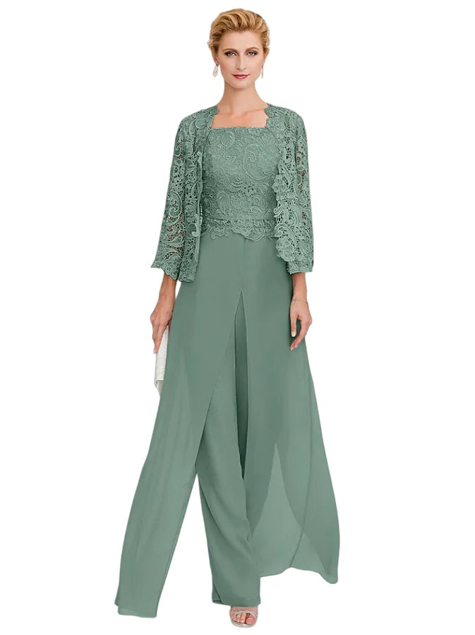 Jumpsuit Pantsuit 3 Piece Floor Length Sleeveless Square Neck Elegant Formal Wedding Guest Chiffon Mother of the Bride Dress