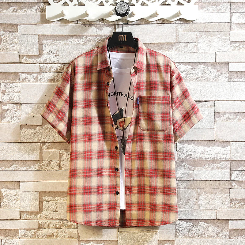 New Men's Shirts Casual Loose Designer Plaid Short Sleeve Shirts Mens Clothing Trend Social Mens Office Shirt Daily Work 5XL
