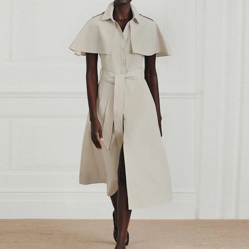 Women Trench Style Shirt Dress Solid Color Cape Sleeve Waist Belt Button Down Midi Skirt Casual Chic Daily Office Outfit New