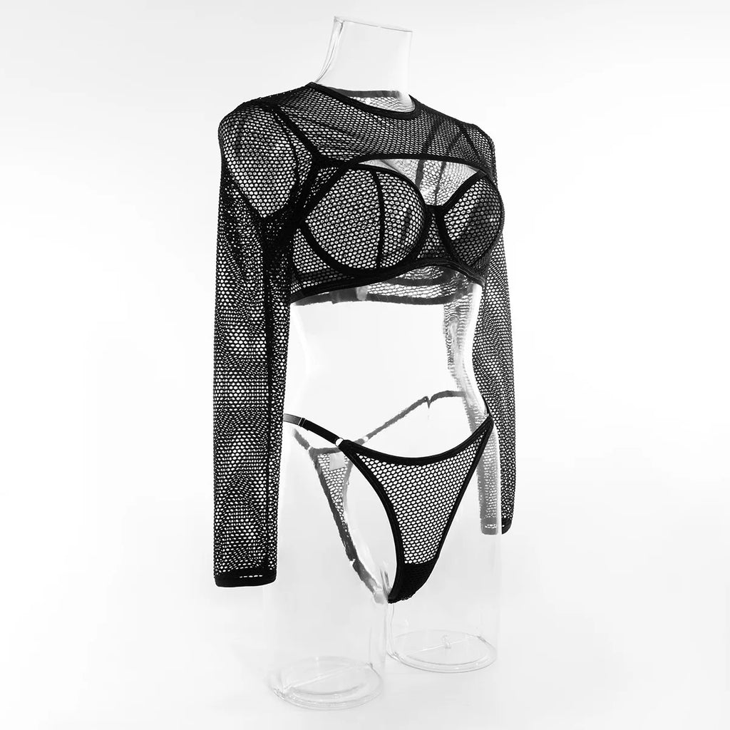 Sexy Transparent Bra Set With Long Sleeve Crop Top Fishnet Lingerie Eco-Friendly Packing