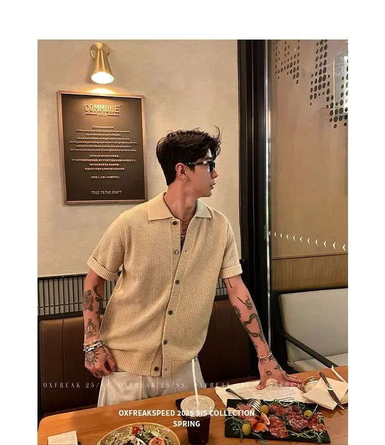 Men's Vintage Knitted Polo Shirt 2025 Summer Short Sleeve Cotton-Blend Breathable Old Money Style Luxury Texture Top