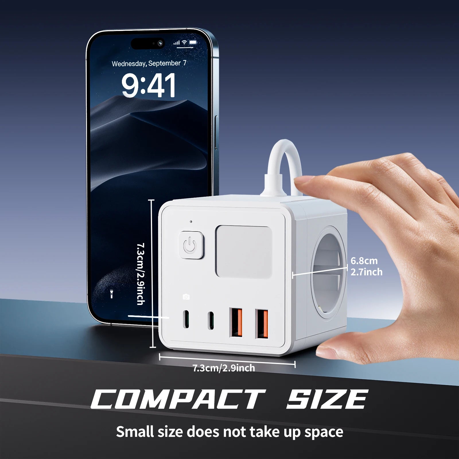 1 EU 8-in-1 power socket, with 1.5-meter extension cord power board, 3 AC sockets & 2 USB & 2 Type-C & dimmable small night ligh