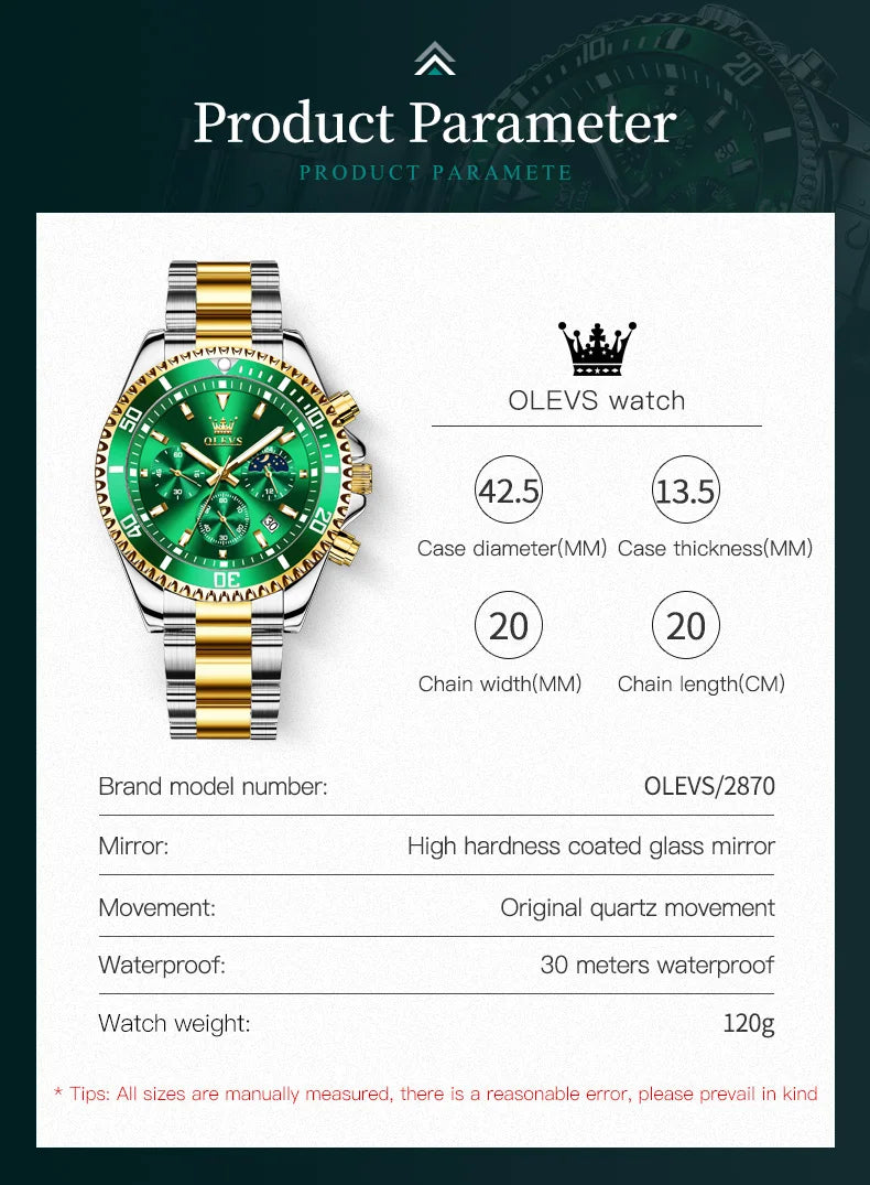OLEVS 2870 Gold Men Watch Luxury Original Diving Series Men Watch Calendar Moon Phase Chronograph Sport Men Quartz Watch Gift