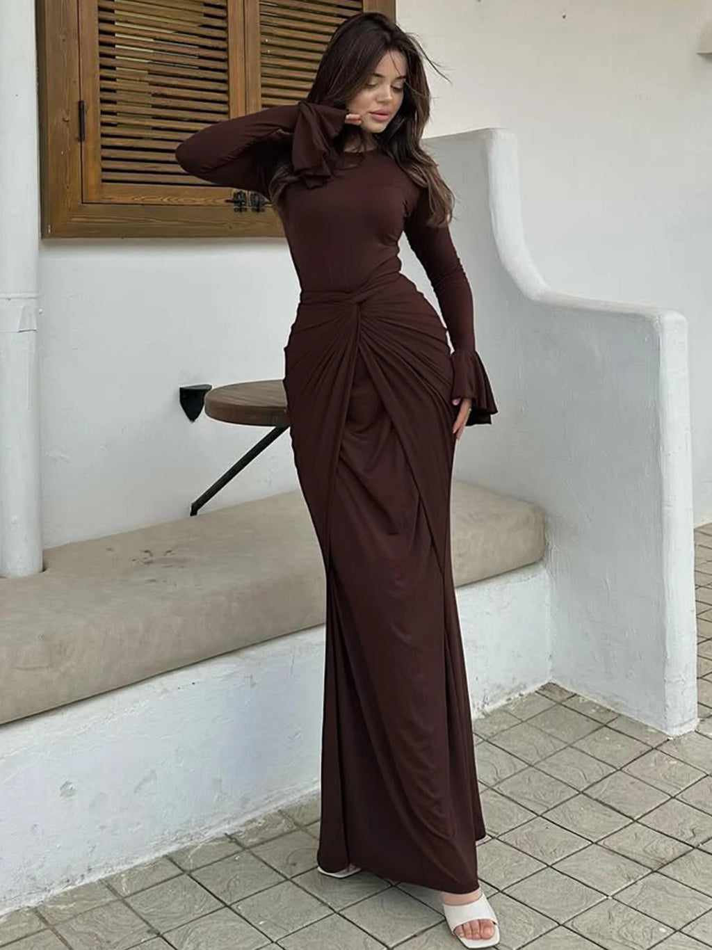 Dulzura O-Neck Long Flare Sleeve Ruched Lace Up Slim Long Dress Women'S Fashion Elegant Clothes Party Club Street Autumn Outfit