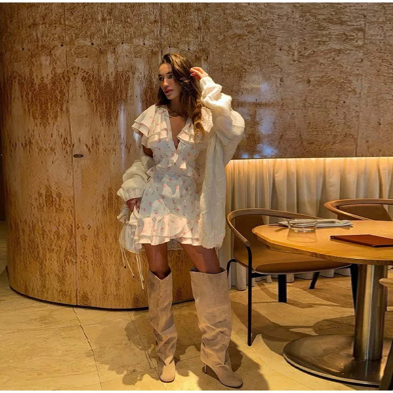Elegant Floral Print Chiffon Dress Women's Backless Long Sleeve Ruffle Waist Cutout Tiered Dresses 2026 New Lady Party Wear