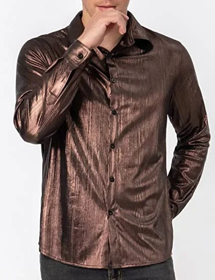 Metallic Shiny Polyester Dress Shirts for Men Black Solid Gold Red Silver Long Sleeve Turn Down Collar Prom Disco Men's Shirt
