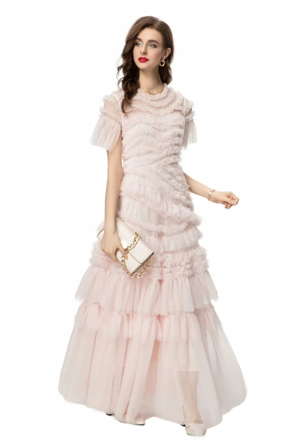 Eshin Elegant Midi Dress Short Sleeve Summer Spring New Fashion Design Women Runway Mesh Ruffles V-Neck Party High Street TH6731