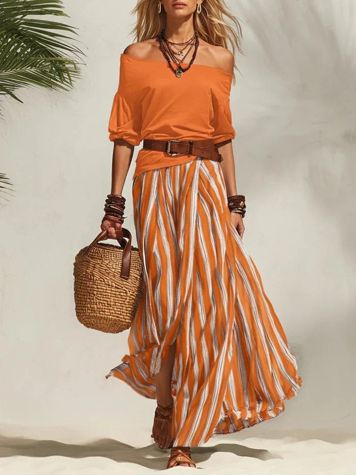 Women Multiple Colors Off Shoulder Puff Sleeve Top Vertical Stripe Flowy Maxi Skirt 2 Piece Outfit Loose Casual Vacation Set