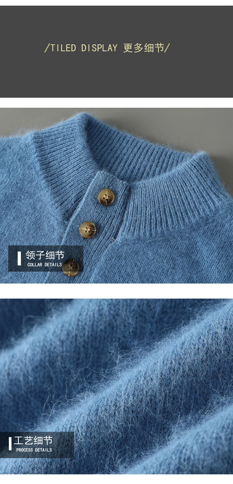 Men's Thicken 100%Pure Mink Cashmere Sweater Youth Button Semi-High Neck Loose Knit Pullovers Autumn and Winter Warm Base Shirt
