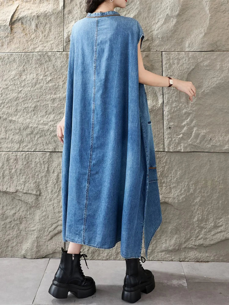 Amax LuluE Korean Summer Long Clothes Womens Fashion Loose Denim Dresses Ladies Classic Casual Big Size Elegant V Neck Vestidos