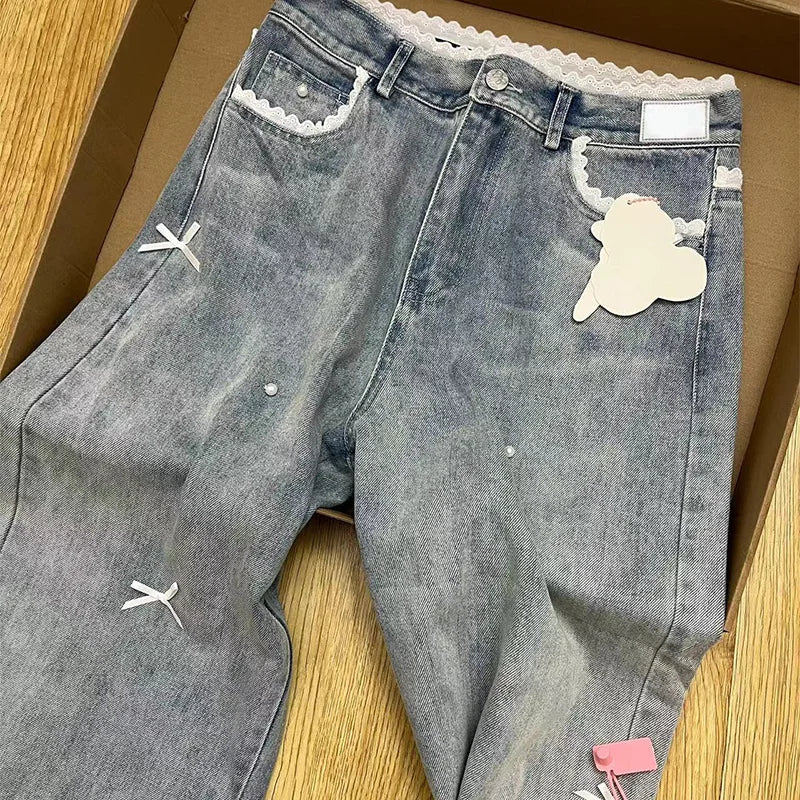 Women's Blue Y2k Lace Bow Jeans Baggy Aesthetic Denim Trousers Harajuku Streetwear Jean Pants Vintage 2000s Trashy Clothes 2024