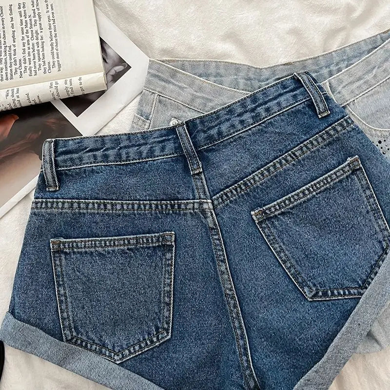Retro Fashion Rhinestone Denim Shorts Women Pink Summer New A-Line Wide Leg Jeans Ultra Short For Hot Girls Bottoms
