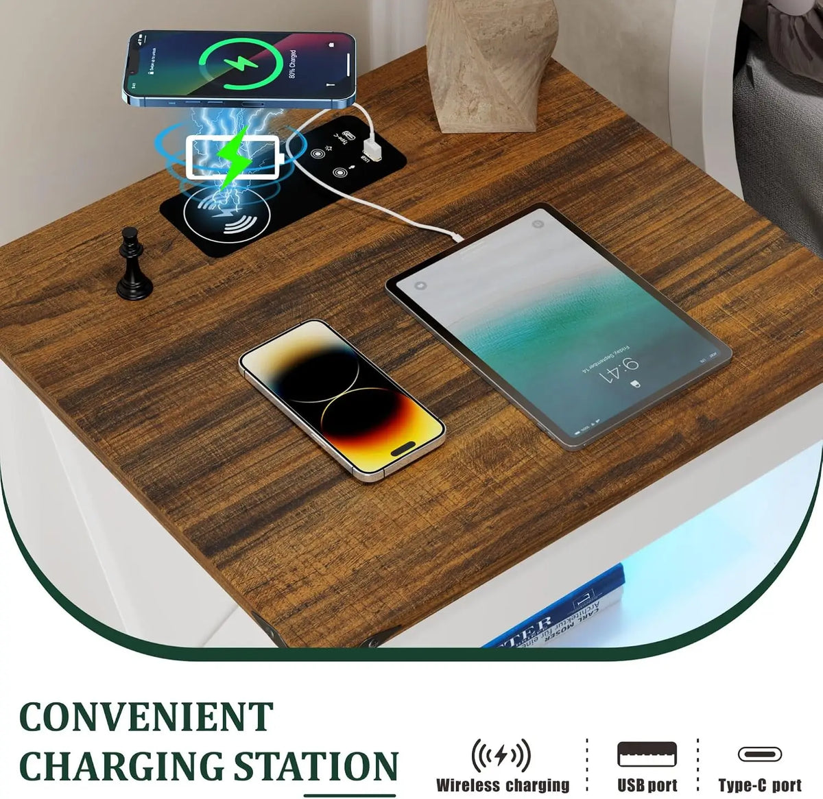 LED Nightstand with Gun Drawer & Charging Station | Human Sensor Lights, Hidden Storage, Farmhouse Rattan Style, 3 Drawers, Beds