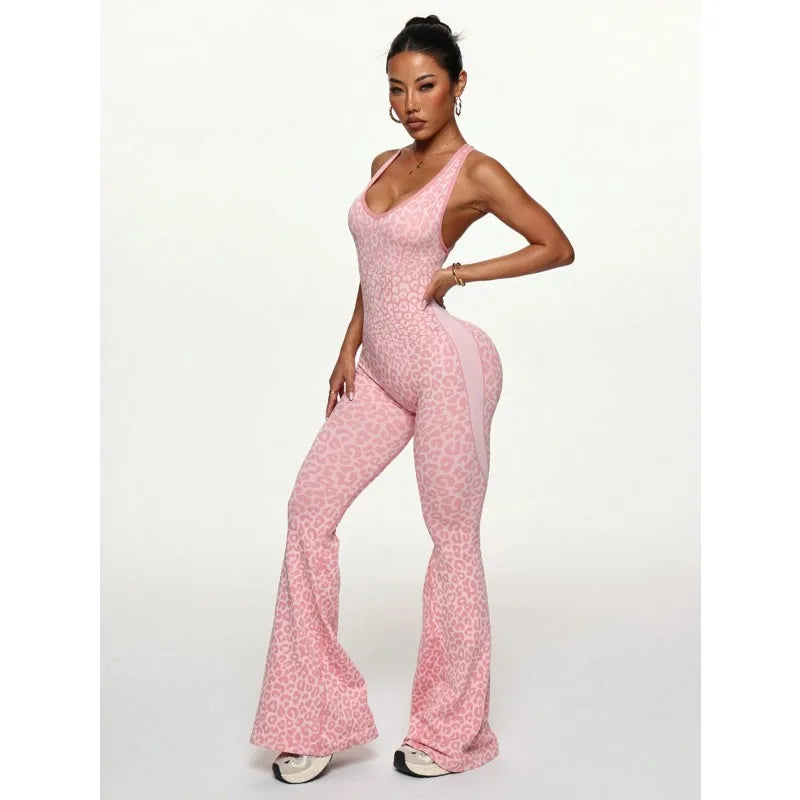 New Leopard Print Bodysuit Women Seamless Flared Pants Jumpsuits Sexy One-piece Fitness Suit Cross Back Stretchy Yoga Jumpsuits